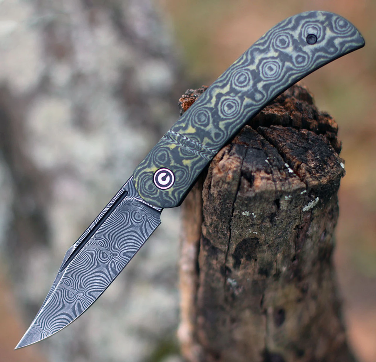 Civivi Appalachian Drifter Slip Joint C2015DS-3, 2.96" Black Hand Rubbed Damascus Blade, Layered Yellow G10 w/Rose Pattern Carbon Fiber Handle 3 Civivi Appalachian Drifter Slip Joint C2015DS-3, 2.96" Black Hand Rubbed Damascus Blade, Layered Yellow G10 w/Rose Pattern Carbon Fiber Handle