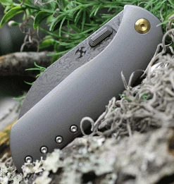 Kansept Knives Convict K1023D1, 3.3" Damascus Steel Sheepfoot Blade, Gray Titanium Handle -Knives Sales K1023D1.3 83176.1621353298