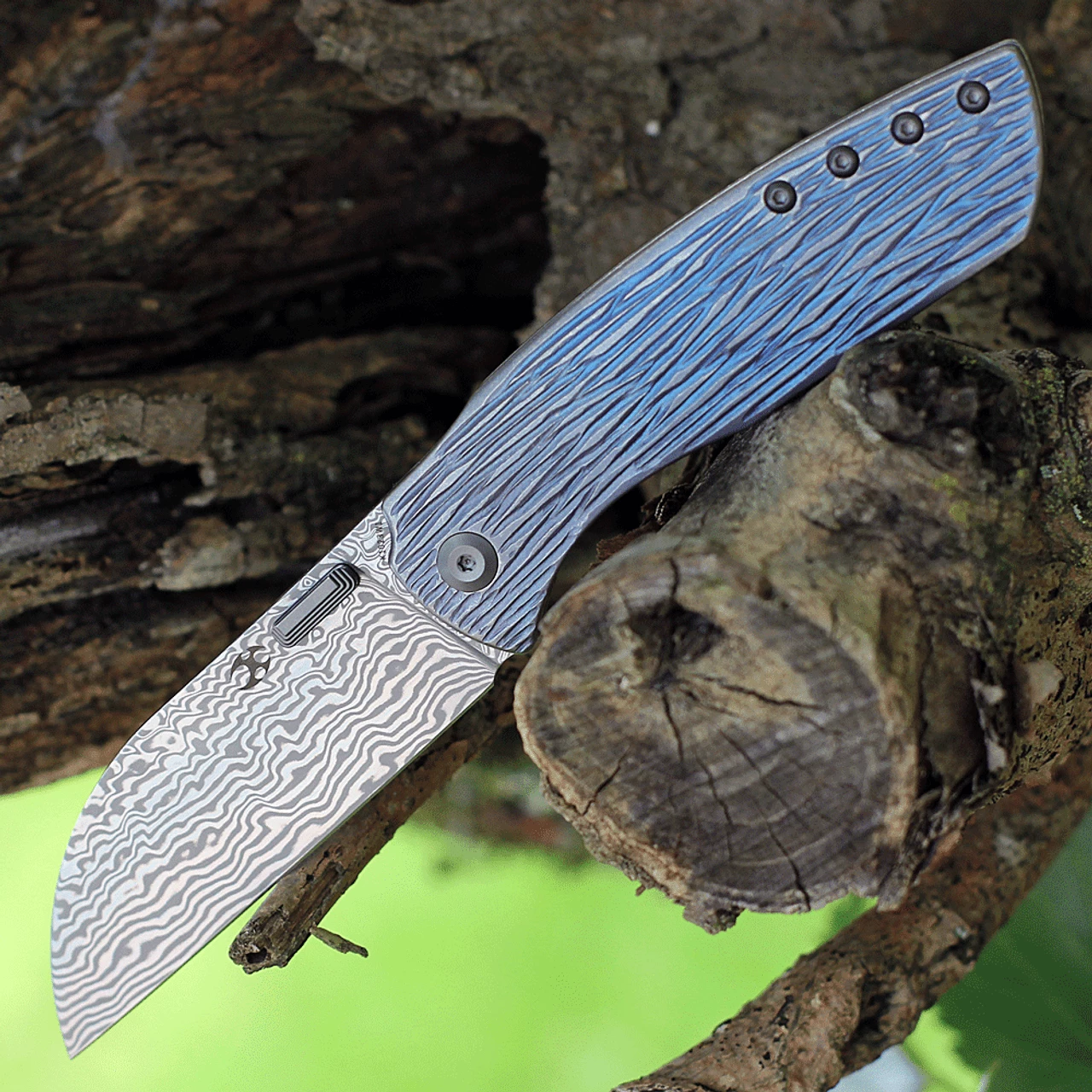 Kansept Knives Convict K1023W1, 3.3" Damascus Steel Sheepfoot Blade, Blue Titanium Wood Grain Handle 3 Kansept Knives Convict K1023W1, 3.3" Damascus Steel Sheepfoot Blade, Blue Titanium Wood Grain Handle