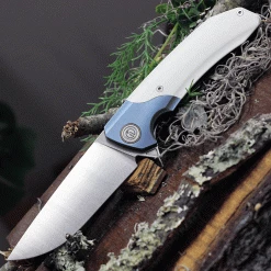 Maxace Knives Goliath 2.0 MGL204, 4.33" Bohler K110 Satin Plain Blade, White G-10 Handle w/Blue Bolster