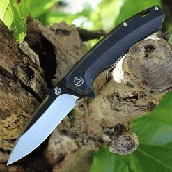 QSP Woodpecker QS116-D II 3.75" Bohler M390 Two-Tone Black & Satin Drop Point Blade, Black Titanium Handle