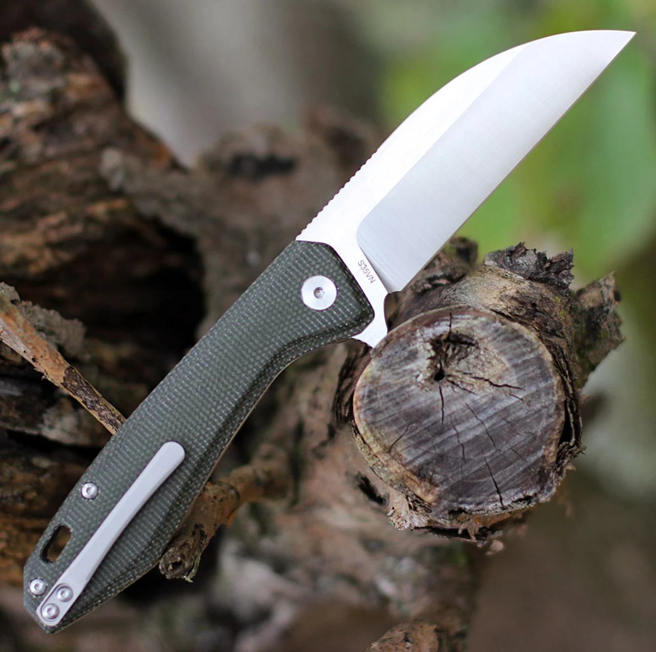 QSP Pelican Linerlock QS118-E2, 3.625" CPM S35VN Satin Wharncliffe Blade, Green Linen Micarta Handle 4 QSP Pelican Linerlock QS118-E2, 3.625" CPM S35VN Satin Wharncliffe Blade, Green Linen Micarta Handle - Image 2