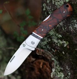 QSP Knife Mustang Lockback QS132, 3.125" M390 Satin Plain Blade, Raffir Stabilized Wood w/Mammoth Molar Inlay Handle