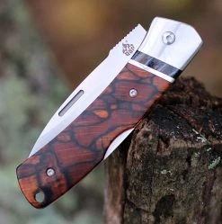 QSP Knife Mustang Lockback QS132, 3.125" M390 Satin Plain Blade, Raffir Stabilized Wood w/Mammoth Molar Inlay Handle -Knives Sales QS132.3 41325.1603917938