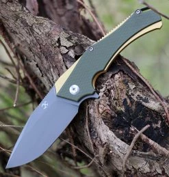 Kansept Knives KT1008A2 Hellx, 3.60" D2 Stonewashed Blade, OD Green G10/Bronze Anodized SS Handle