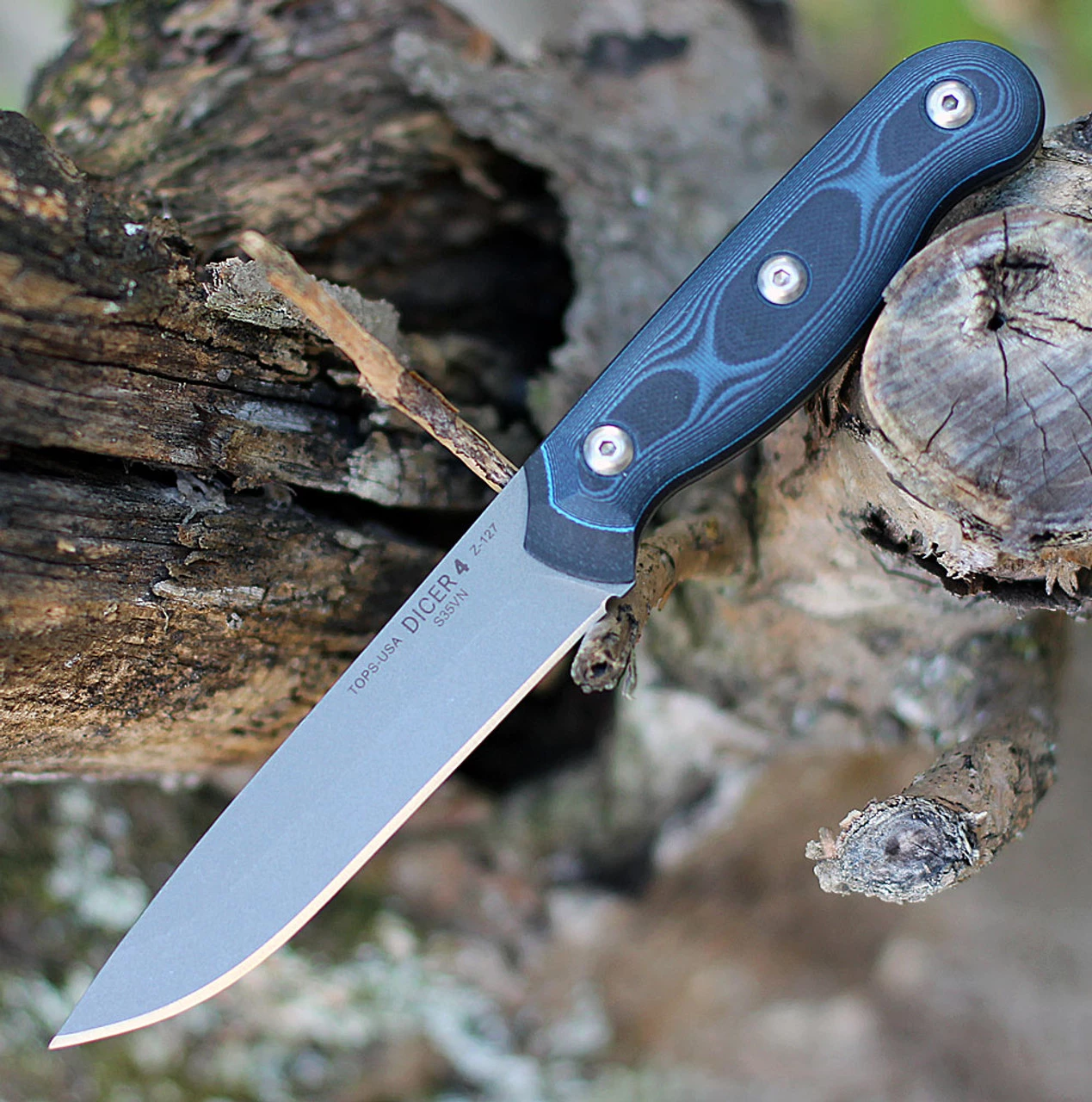 Tops Knives Dicer 4 Steak Knife DCR4-01, 4.38" CPM S35VN Tumble Blade, Blue/Black G10 Handle 3 Tops Knives Dicer 4 Steak Knife DCR4-01, 4.38" CPM S35VN Tumble Blade, Blue/Black G10 Handle