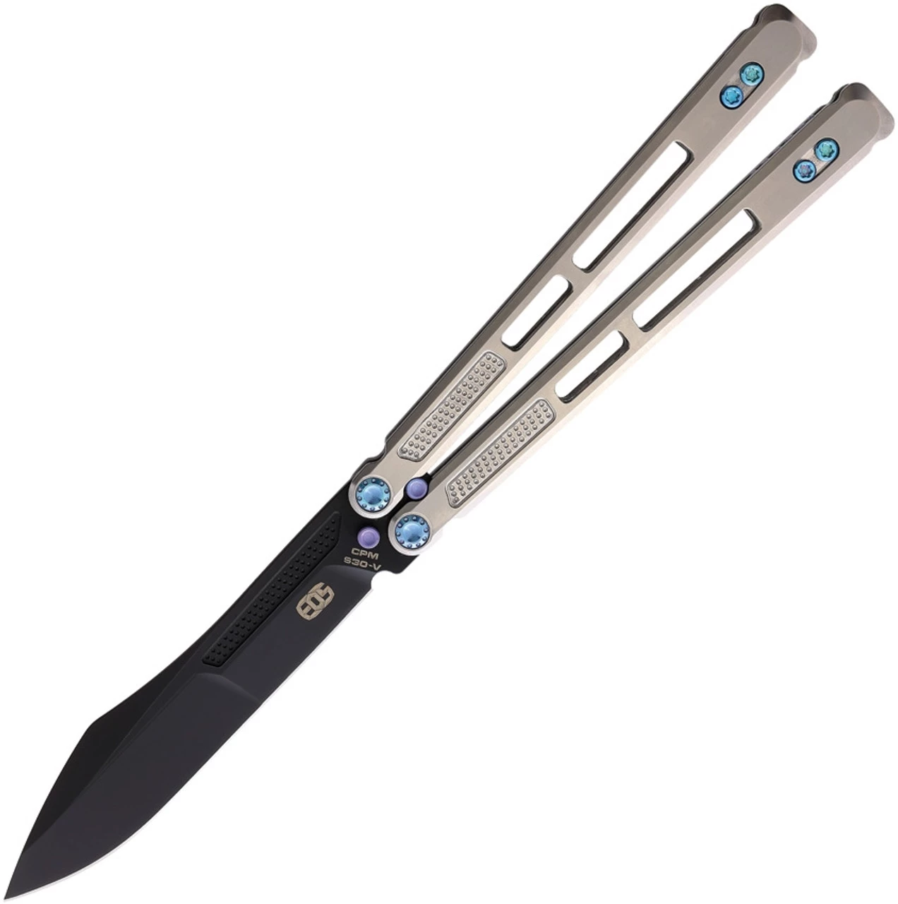 EOS Trident Balisong Satin Ti / Blue (4.5" CPM S30V Black DLC) 3 EOS Trident Balisong Satin Ti / Blue (4.5" CPM S30V Black DLC)