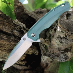 QSP Knife Woodpecker QS116-B II, 3.75" Bohler M390 Two-Tone Satin Drop Point Blade, Green Titanium Handle